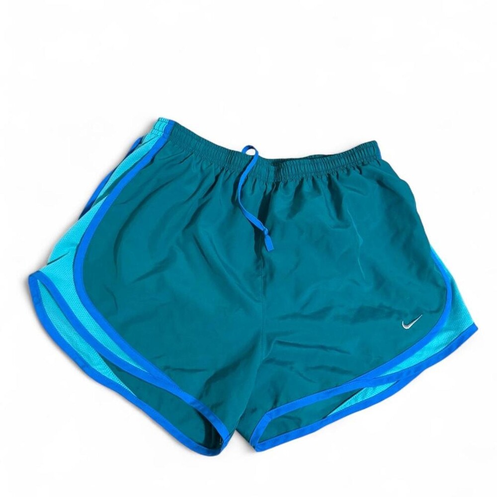 Nike Dri-Fit teal and blue running shorts with blue side panels, size M #running